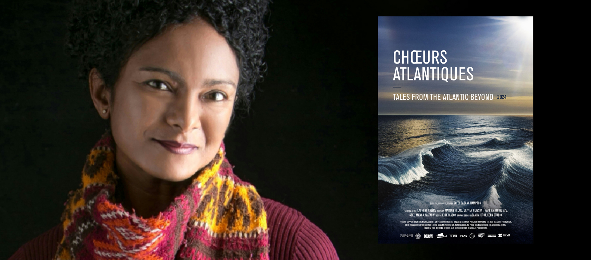 A headshot of Safoi Babana-Hampton against a black background. Next to her photo is a poster for Choeurs Atlantiques.