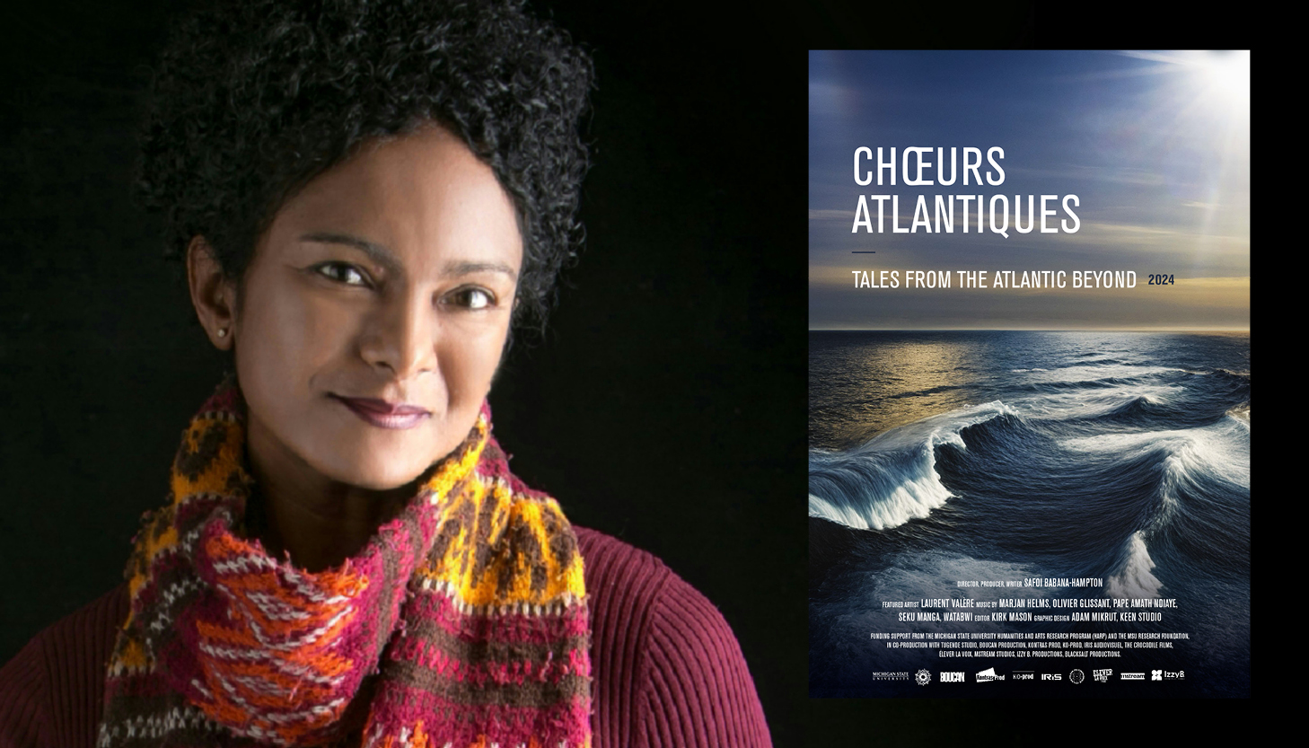 A headshot of Safoi Babana-Hampton against a black background. Next to her photo is a poster for Choeurs Atlantiques.
