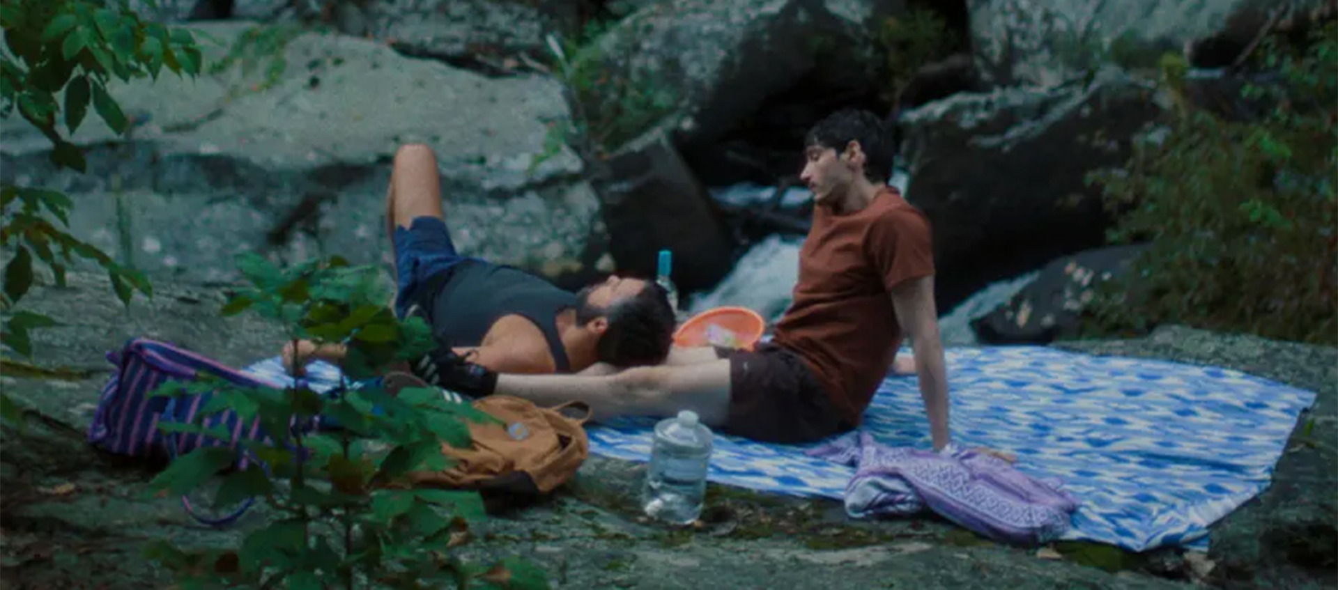 Two men sit on a blanket in the woods, one is laying with his head on the other's leg.