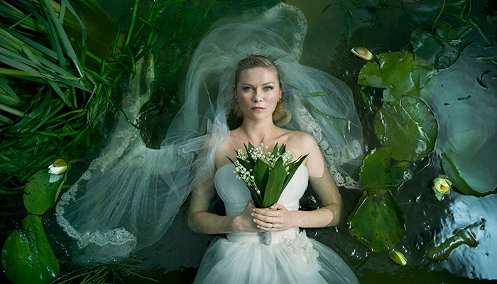 A woman in a wedding dress and veil lays in a pond surrounded by lily pads and reeds holding a bouquet, 