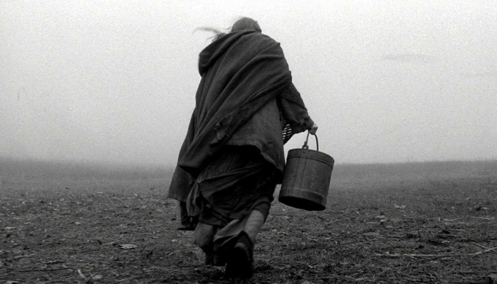 The back of person holding a bucket, wearing many layers, walking through a fallow field.