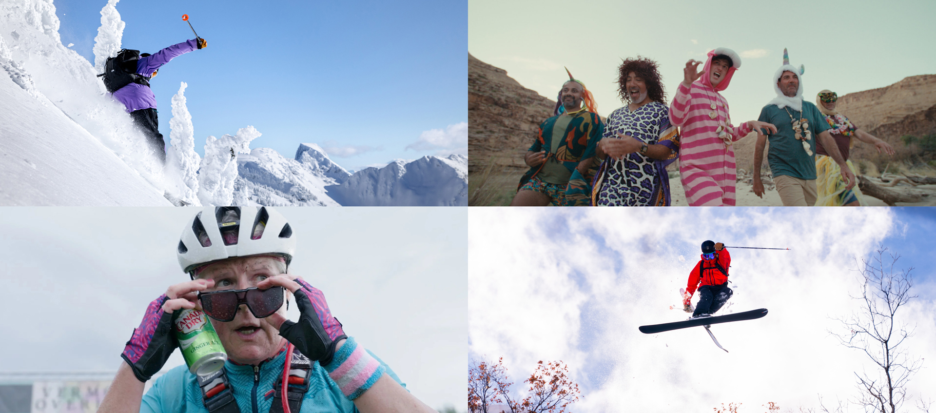 Four images from the No Man's Land Film Festival, two skiers, a group of people in costume and a person in a bicycle helmet.