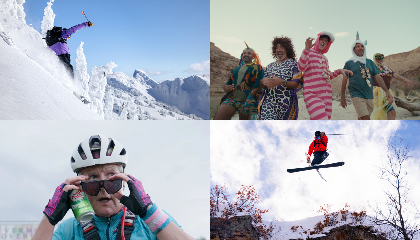 Four images from the No Man's Land Film Festival, two skiers, a group of people in costume and a person in a bicycle helmet.