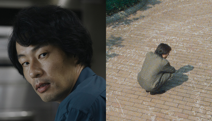 Left: a man looks over his shoulder. Right: a man kneels down on a brick path covered in chalk writing.