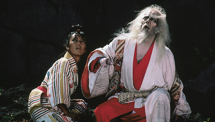 Two individuals in kimonos kneel on the ground together looking up at something.