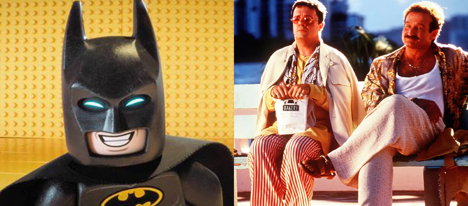 On the left a lego version of batman smiles; on the right to men in patterned outfits sit together on a bench.