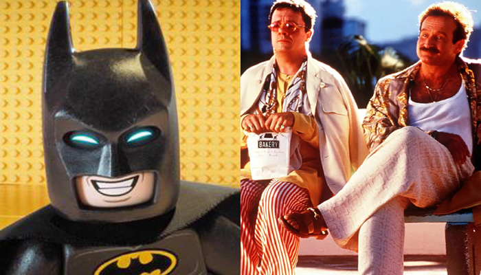 On the left a lego version of batman smiles; on the right to men in patterned outfits sit together on a bench.