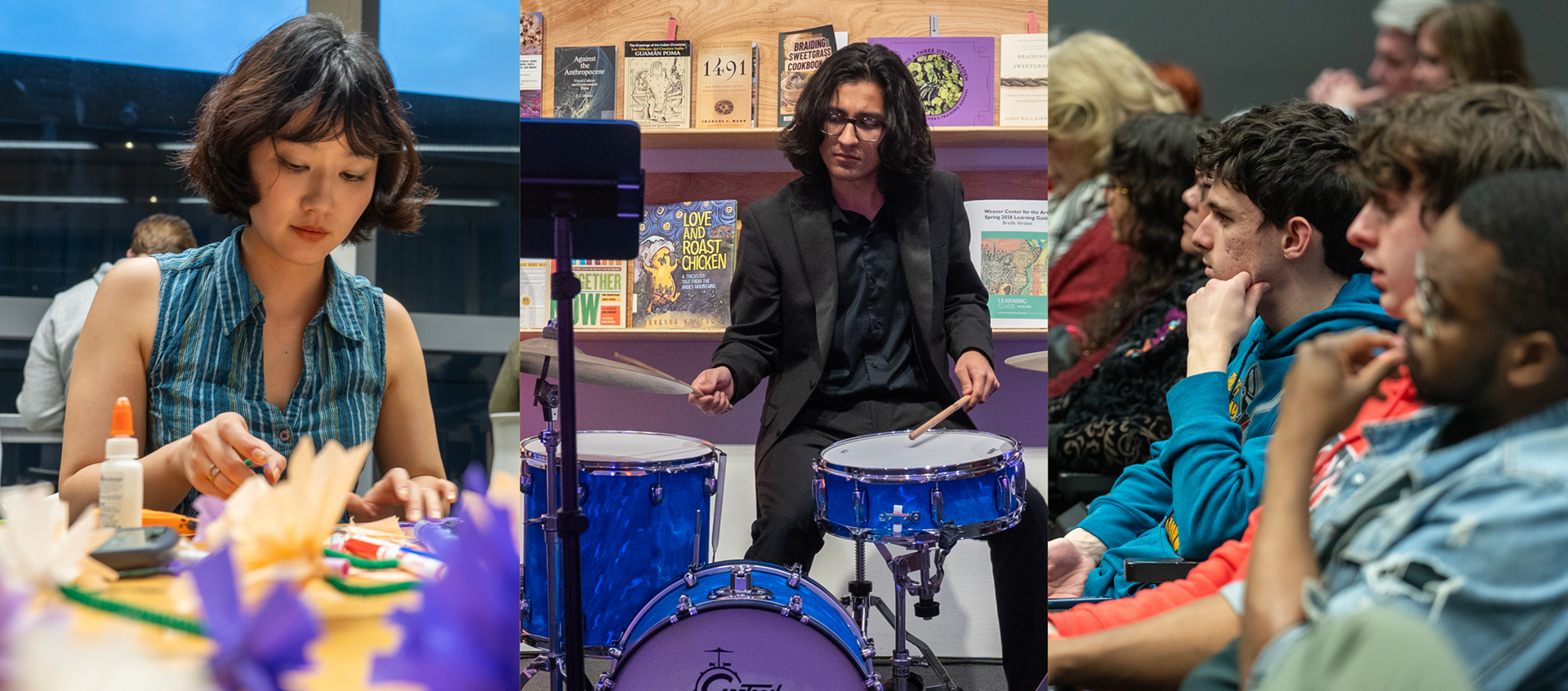 Collage image of a person making paper flowers, a person at a drum set, and audience members in a theater. 
