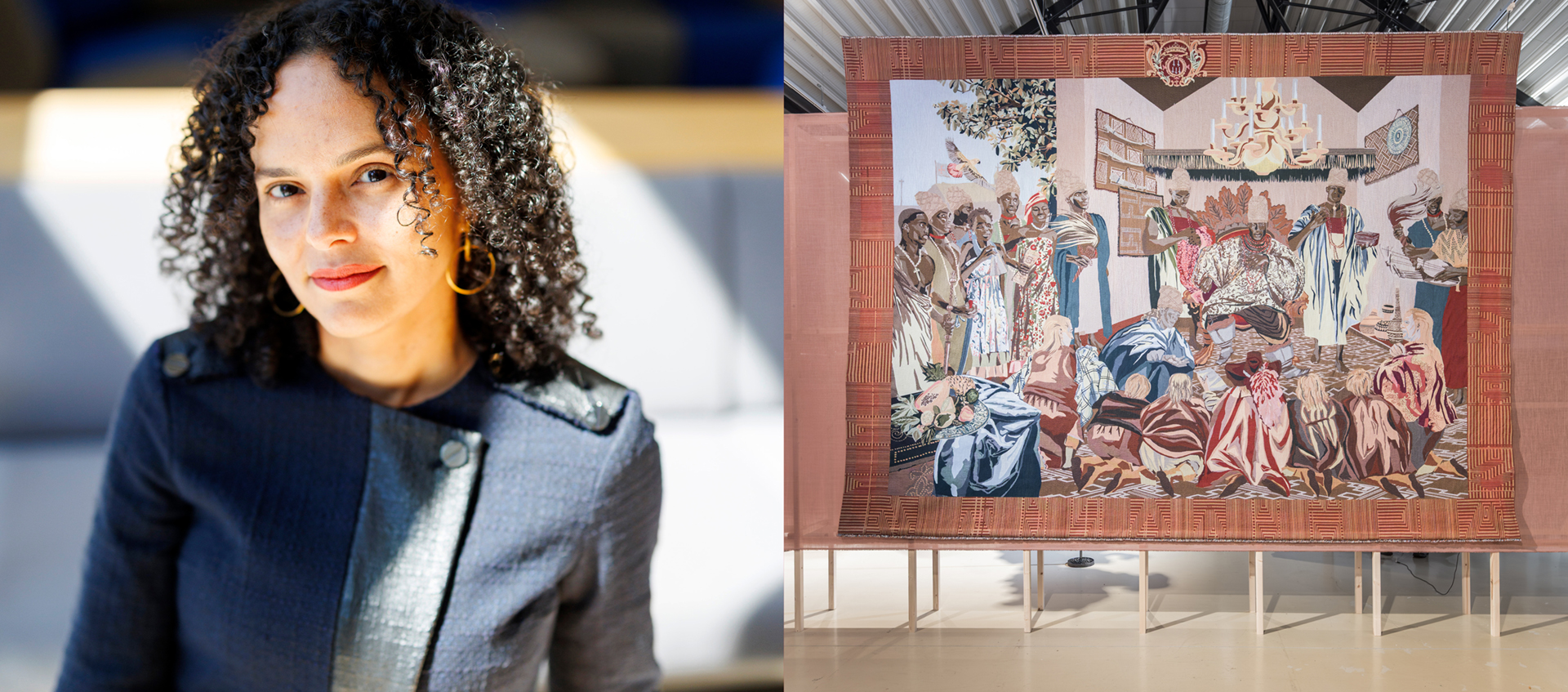 Collage image of Cécile Fromont and a large tapestry of an African king surrounded with courtiers and kneeling visitors.