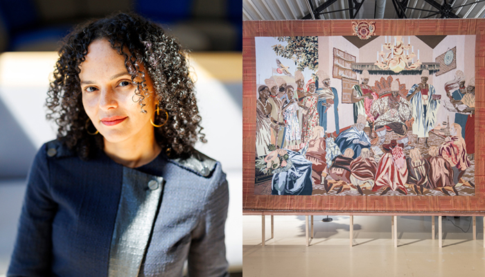 Collage image of Cécile Fromont and a large tapestry of an African king surrounded with courtiers and kneeling visitors.
