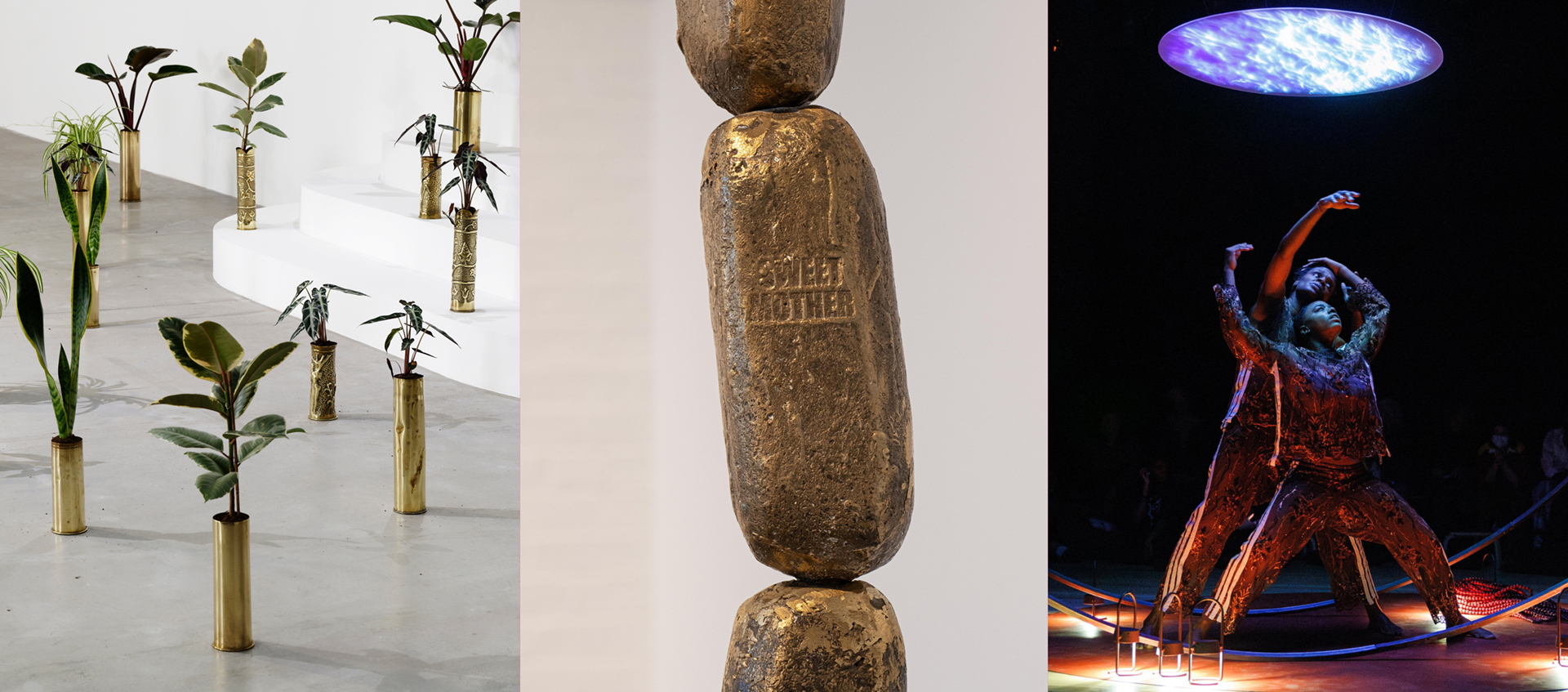 Collage image of artwork by Sammy Baloji, Temitayo Ogunbiyi, and sweat variant. 