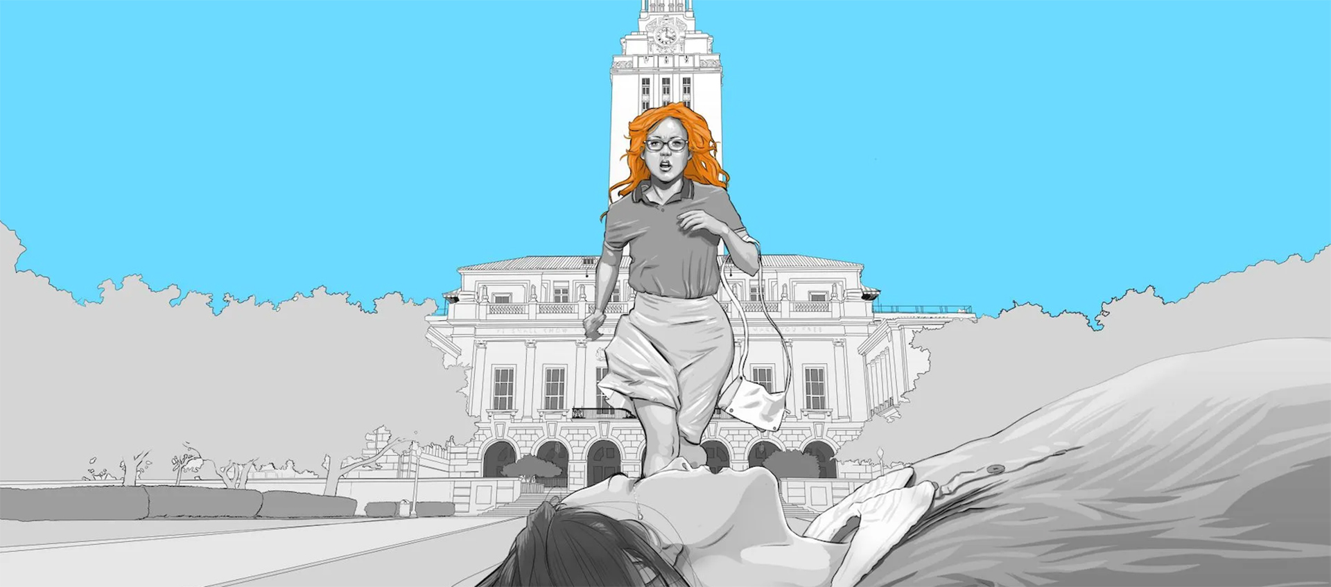 A drawing of a woman with red hair running away from a tower, with another woman laying on the ground in the foreground.