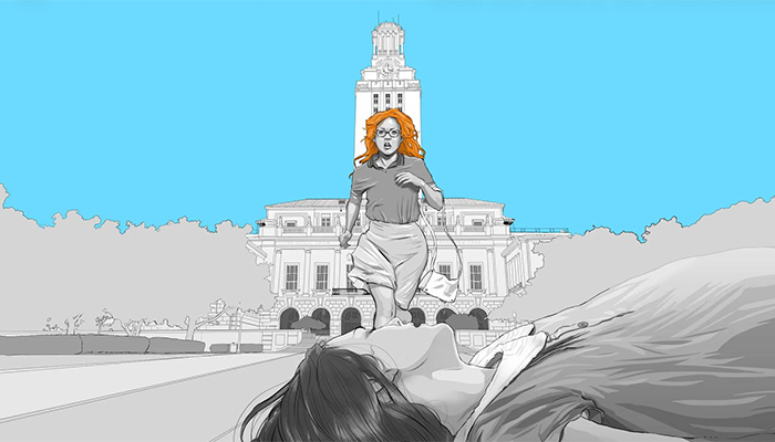 A drawing of a woman with red hair running away from a tower, with another woman laying on the ground in the foreground.