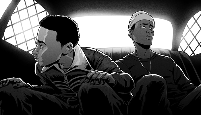 Drawing of two young Black men in the back of a cop car, one is leaning forward looking out the window.