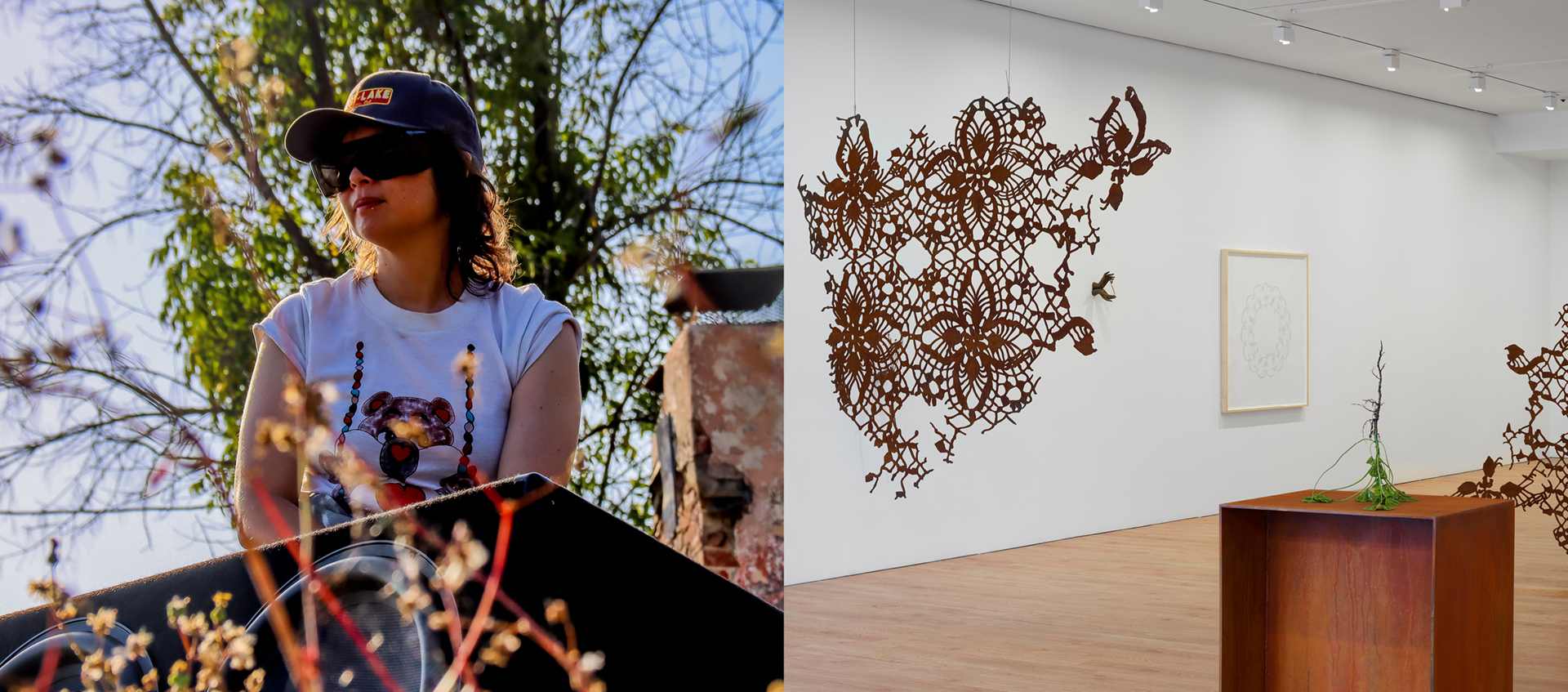 Collage image of a portrait of Kelly Akashi and an installation view of large-scale steel replicas of lace patterns and a sculpture of an upside-down plant with roots. 