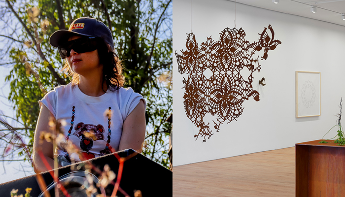 Collage image of a portrait of Kelly Akashi and an installation view of large-scale steel replicas of lace patterns and a sculpture of an upside-down plant with roots. 