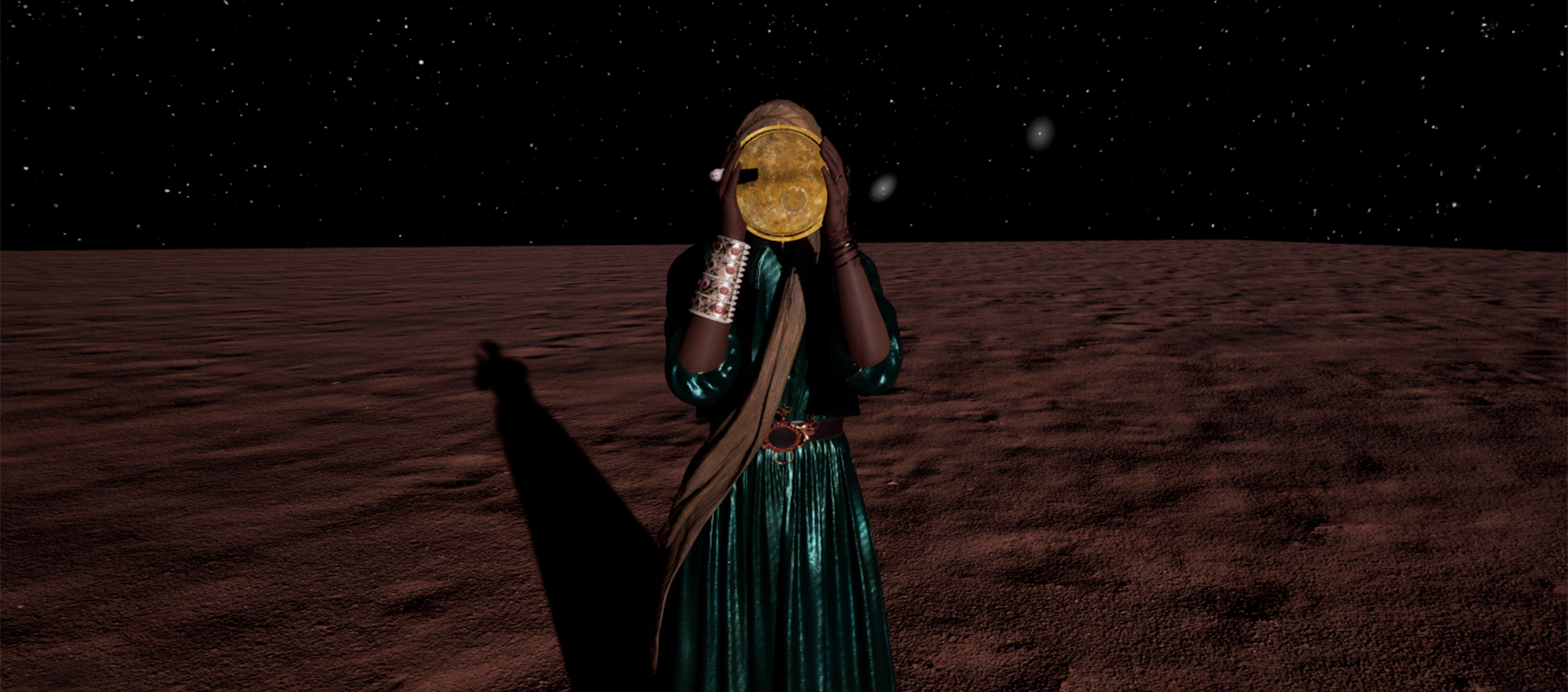 Image of a person in a flat landscape. They have brown skin, wear a metallic dress and cuff, and hold a gold disk over their face.