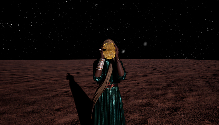 Image of a person in a flat landscape. They have brown skin, wear a metallic dress and cuff, and hold a gold disk over their face.