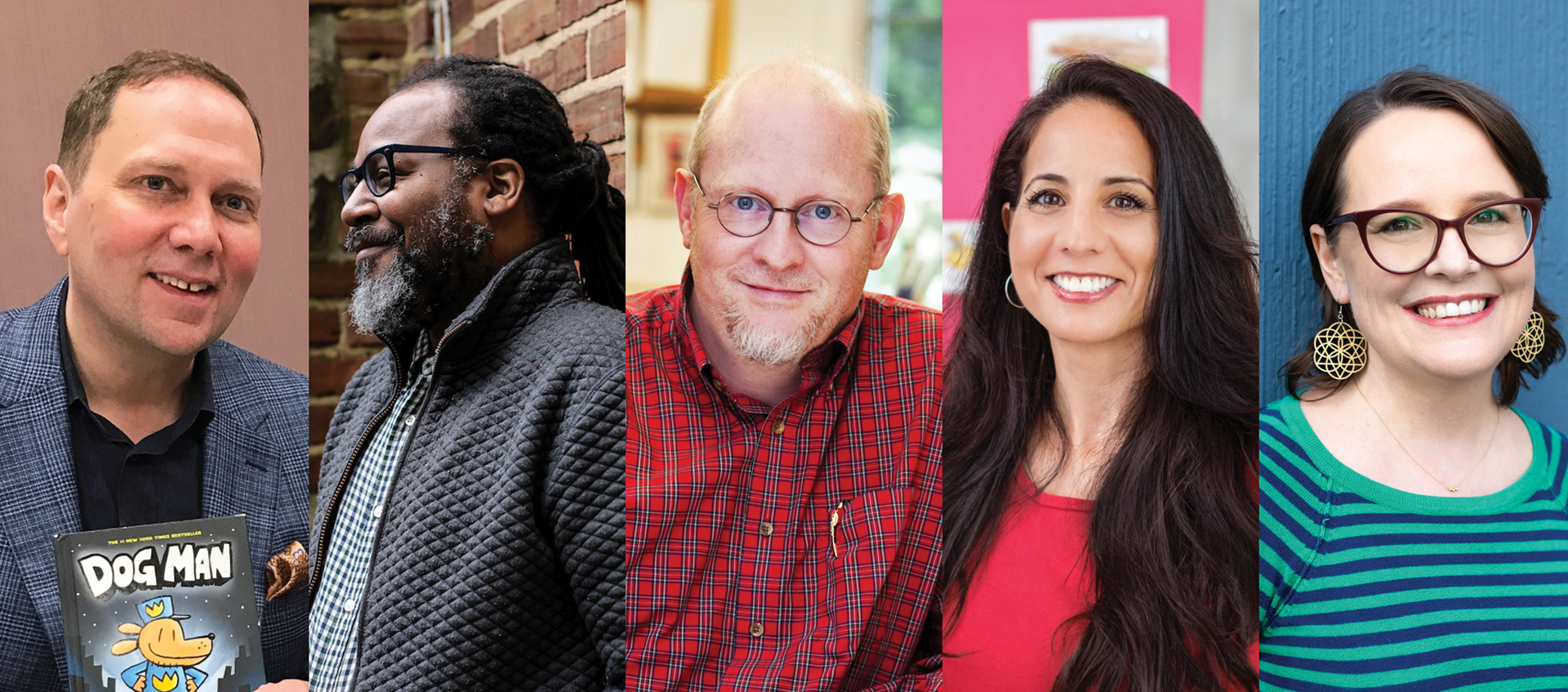A collage of images of the five graphic novelists