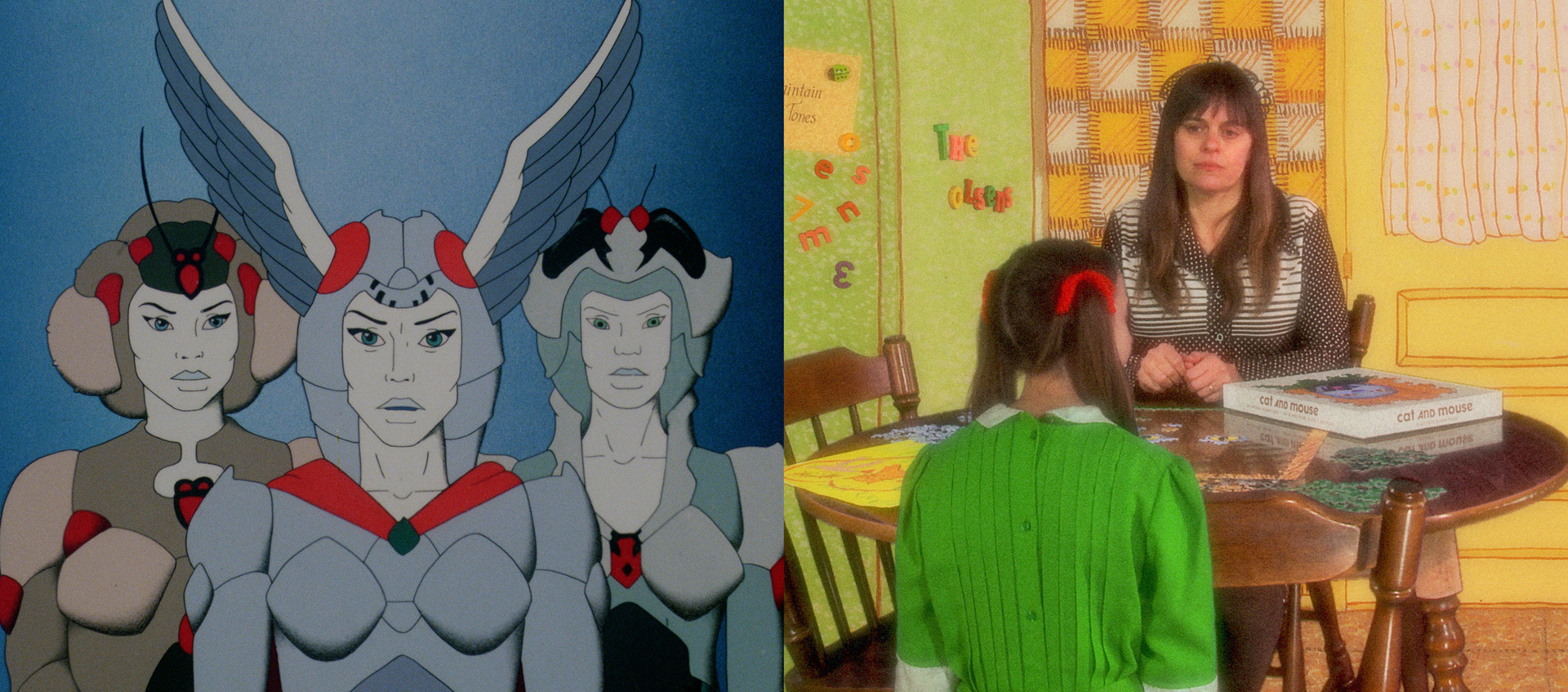 Cartoon women in costume stand together on the left and on the right a woman sits at a table in front of a girl.