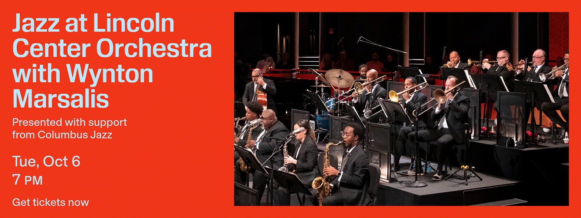 Graphic with three alternating images. Text: Jazz at Lincoln Center Orchestra with Wynton Marsalis, Tue, Oct 6, 7 PM