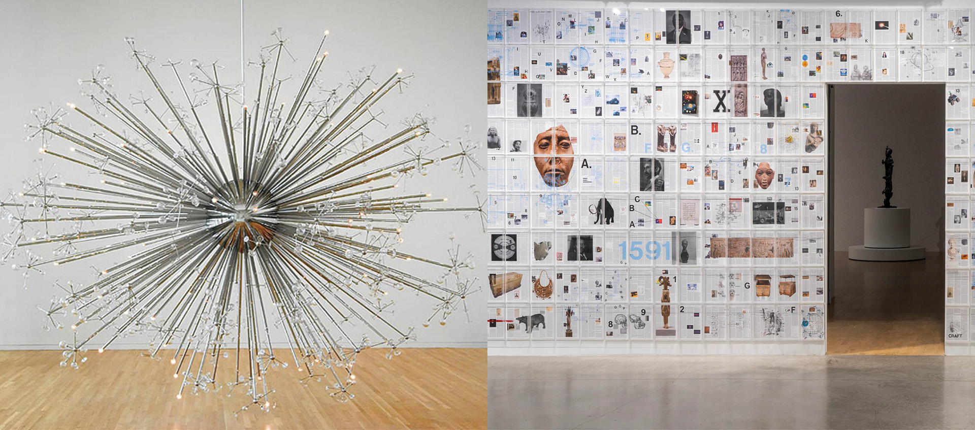 Collage image of a spherical sculpture, with protruding rods capped with glass and  a wall covered with book pages that are drawn and painted on. 