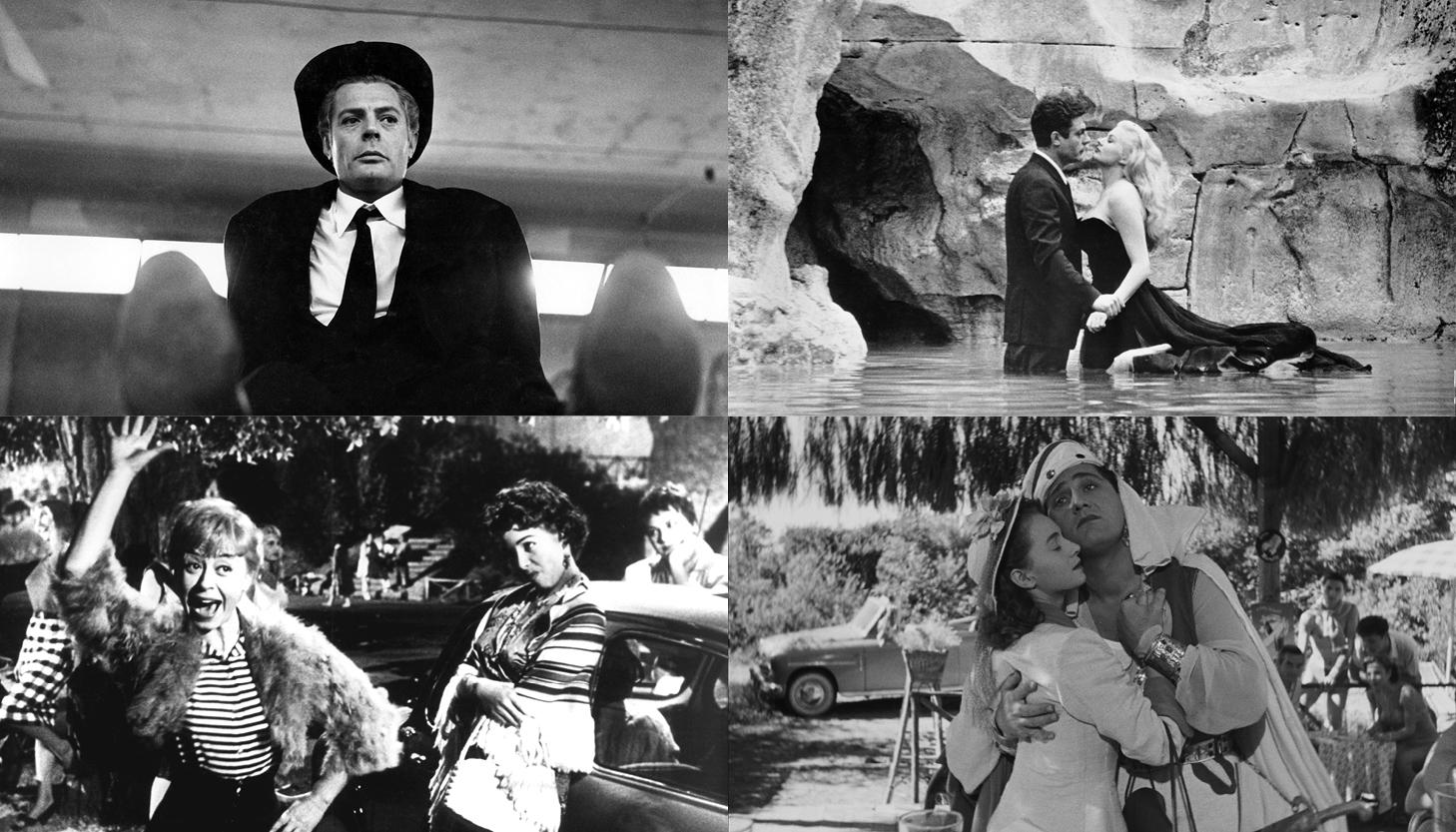 Clockwise from top left: Black-and-white still of a person sitting with legs outstretched and wearing a tuxedo and hat. Black-and-white still of a couple standing in a fountain, facing each other as if to kiss. Black-and-white still of a couple embracing; on the right is a person wearing a dress and hat, and on the right is a person in an Arabian headdress. Black-and-white still of a person with short, light hair who is waving and smiling widely while two people lean against a car. 