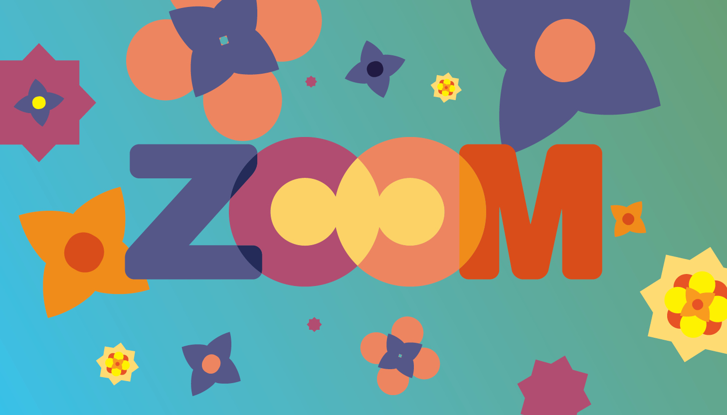Zoom Family Film and Book Festival logo; the word “ZOOM” is in multi-colored font against a blueish green background filled with multi-colored flower and star shapes.